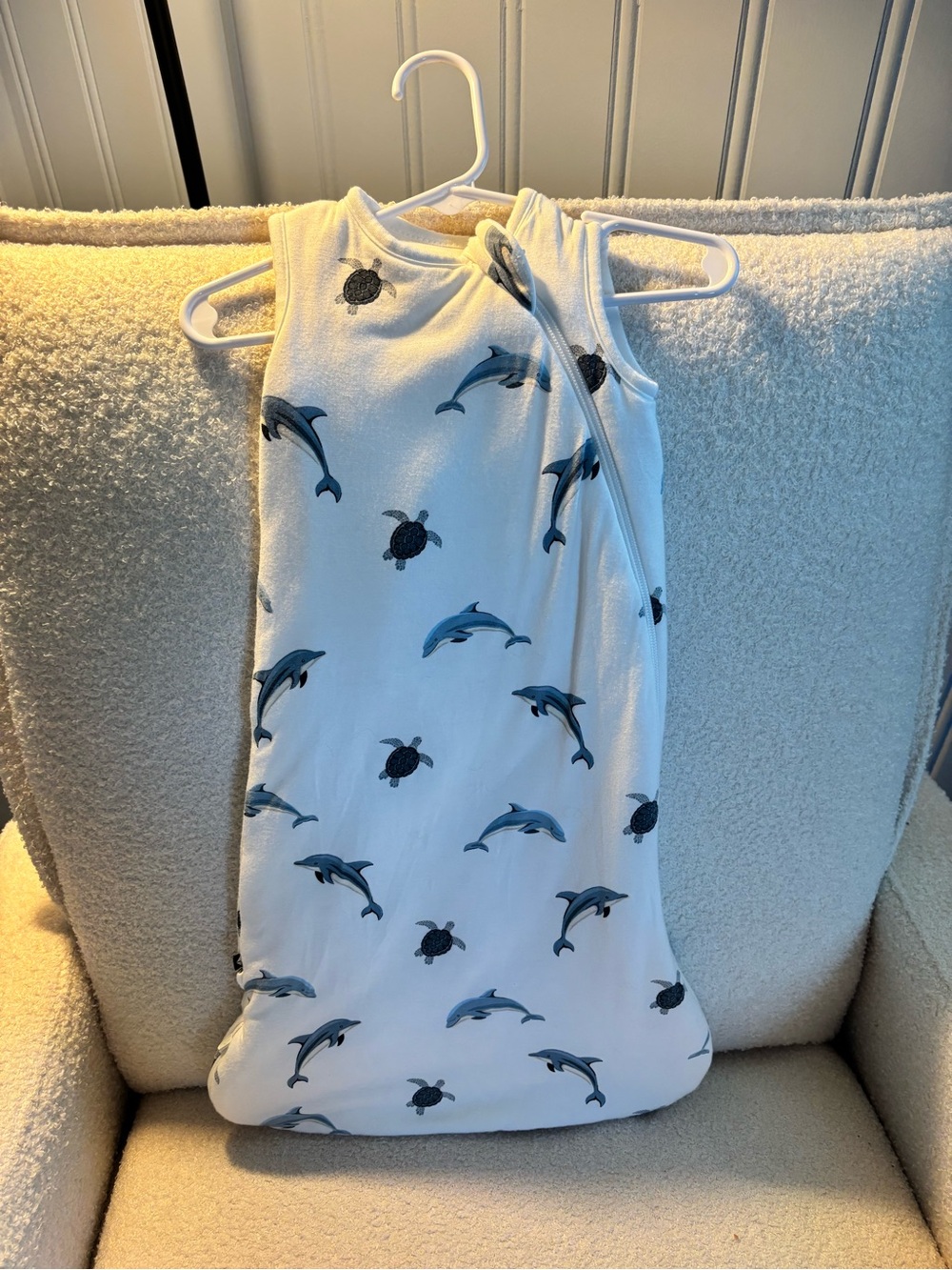 Sleeveless White Kids One-Piece Sleep Sack with Blue Dolphin Print